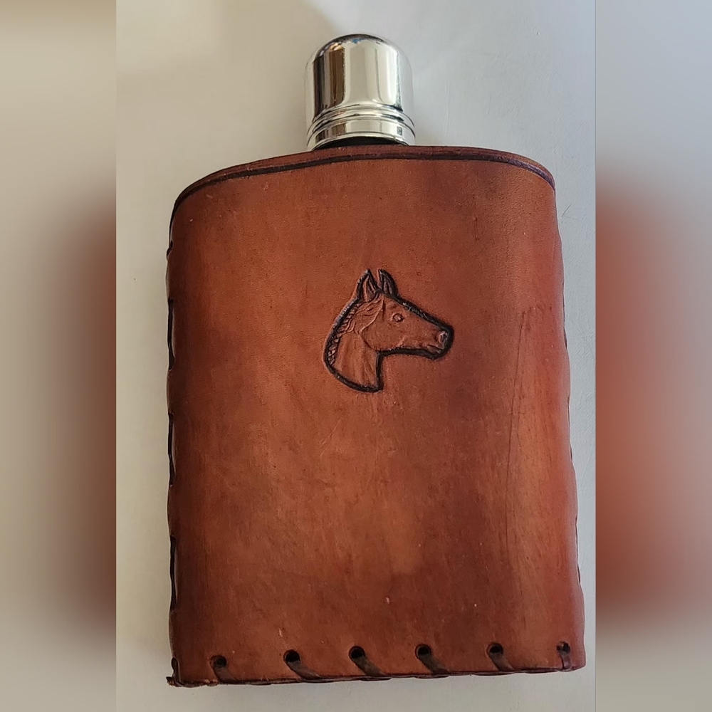 Vintage 12oz Glass Flask In Leather Case Horse Head